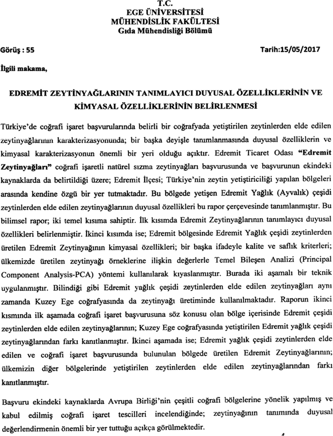 Bilimsel Çalışma: Edremit Zeytinyağı (Menşe Adı)